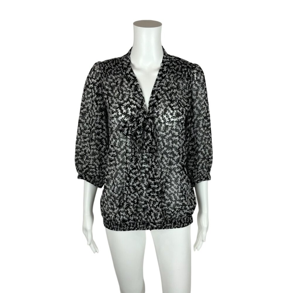 Ark & Co Cat Blouse Women's Small Black White Printed Kitty Necktie 3/4 Sleeve